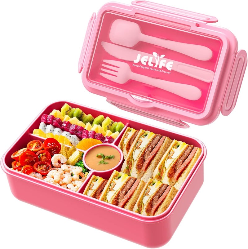 Jelife Kids Lunch Bento Box, Large Bento-Style Leakproof Boxes 4 Compartments Girls Snack Containers with Tableware for Back to School, Reusable On-the-Go Meal and Packing, Pink - Image 1